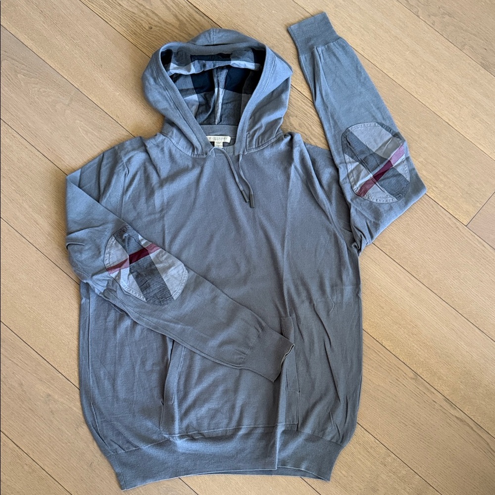 Burberry Gray Hoodie with Plaid Elbow Patches